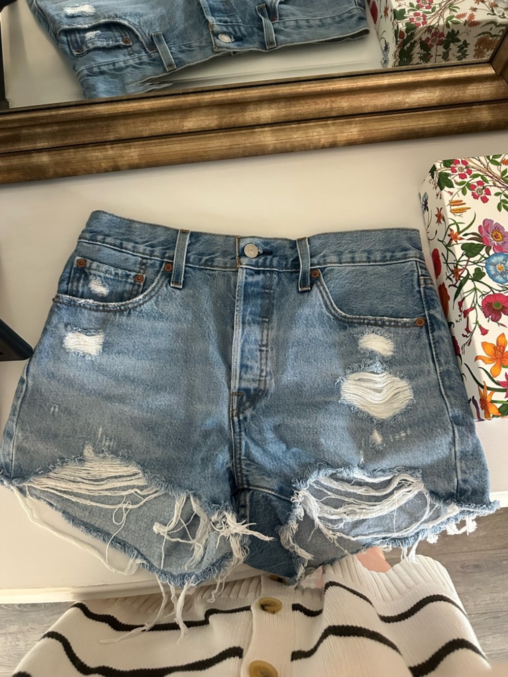 Levi's Light Blue Distressed High-Rise Jean Shorts